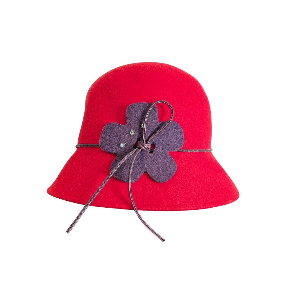 Vintage 00s 1920s Cloche Flapper Mori Kei Cherry Red & Purple Wool  Floral Hat